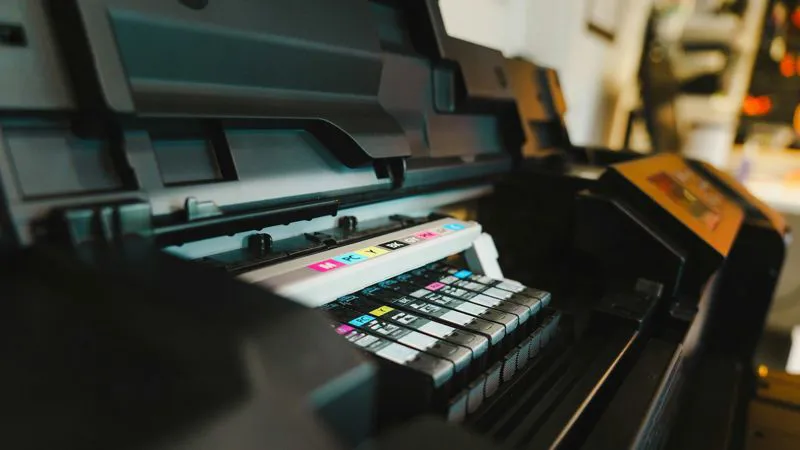 Dettaglio di una stampante a getto d'inchiostro: cartucce e toner per l'ufficio